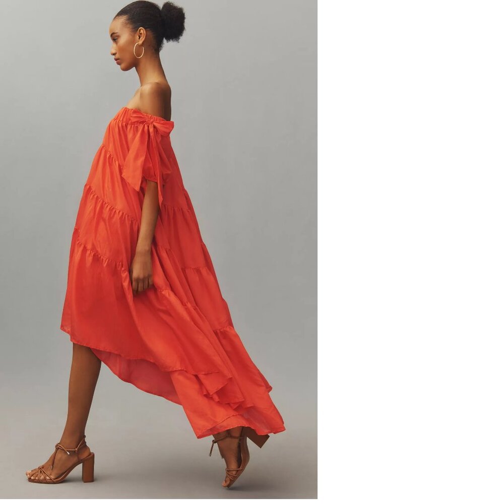 By Anthropologie Off-The-Shoulder Tiered High-Low Midi Dress size xxs 2XS  new